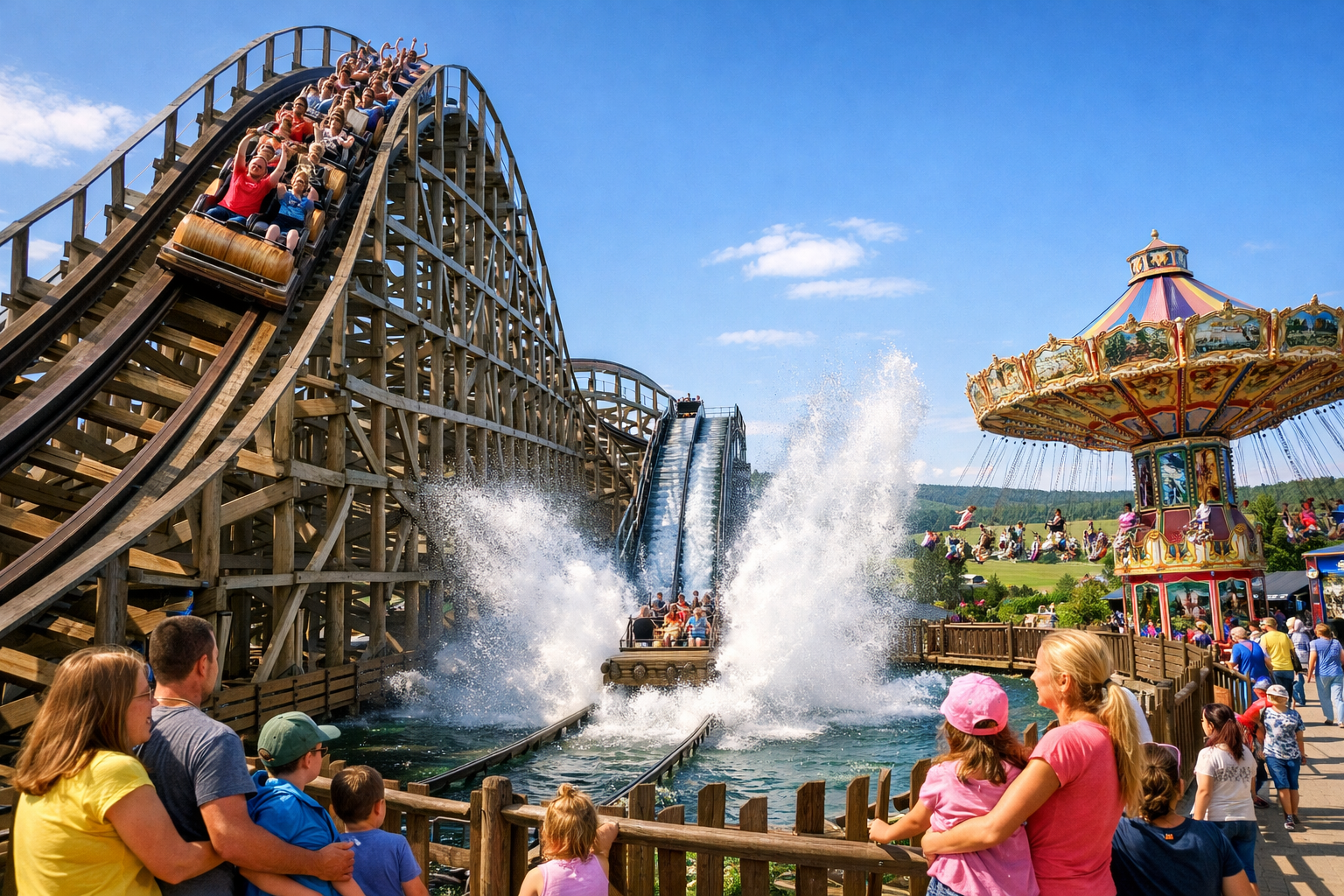 () image showing a diverse collection of Freizeit-Land Geiselwind attractions: a thrilling wooden roller coaster in the