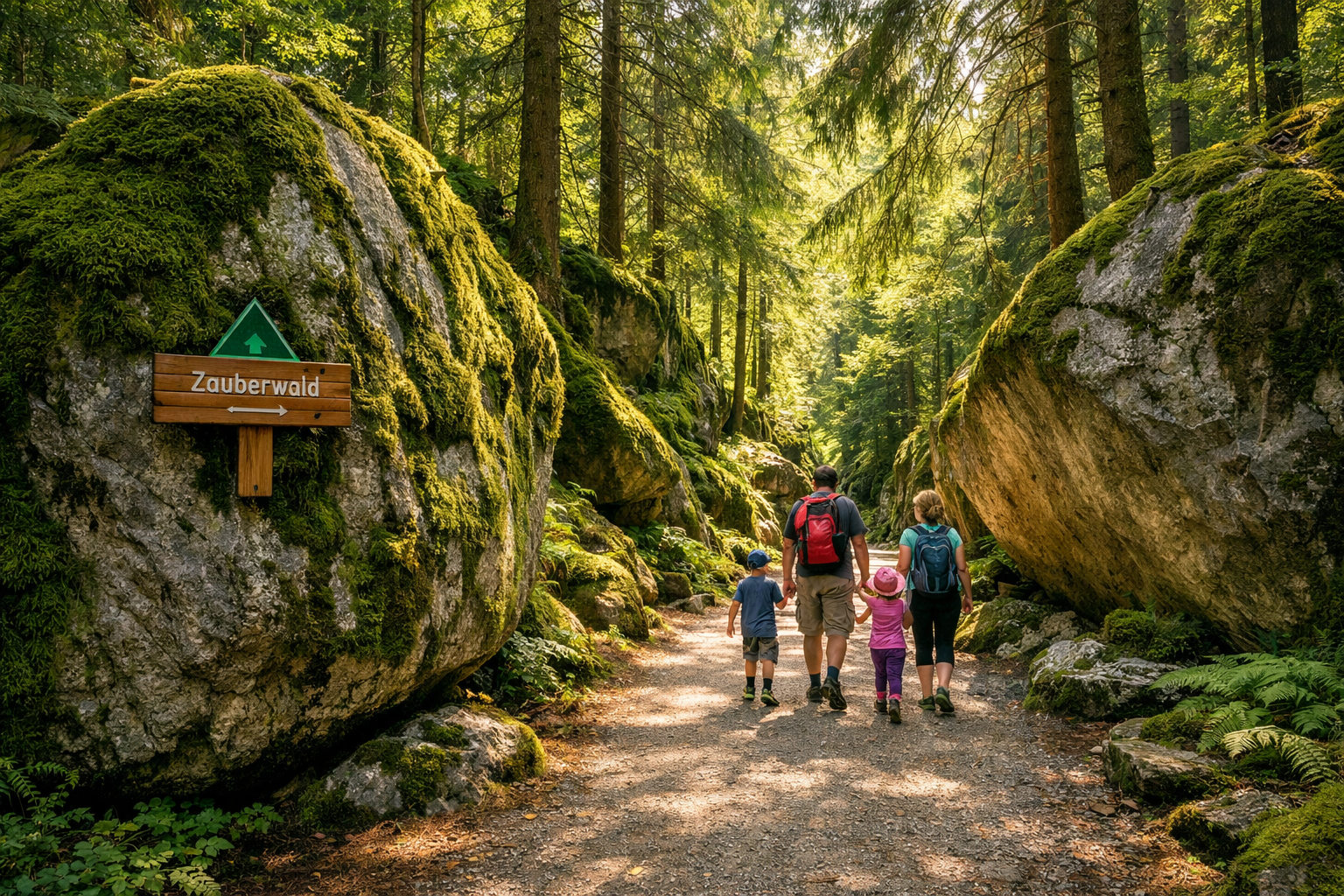 () image showing a magical forest path along the Zauberwald trail at Hintersee, Bavaria. Massive moss-covered granite