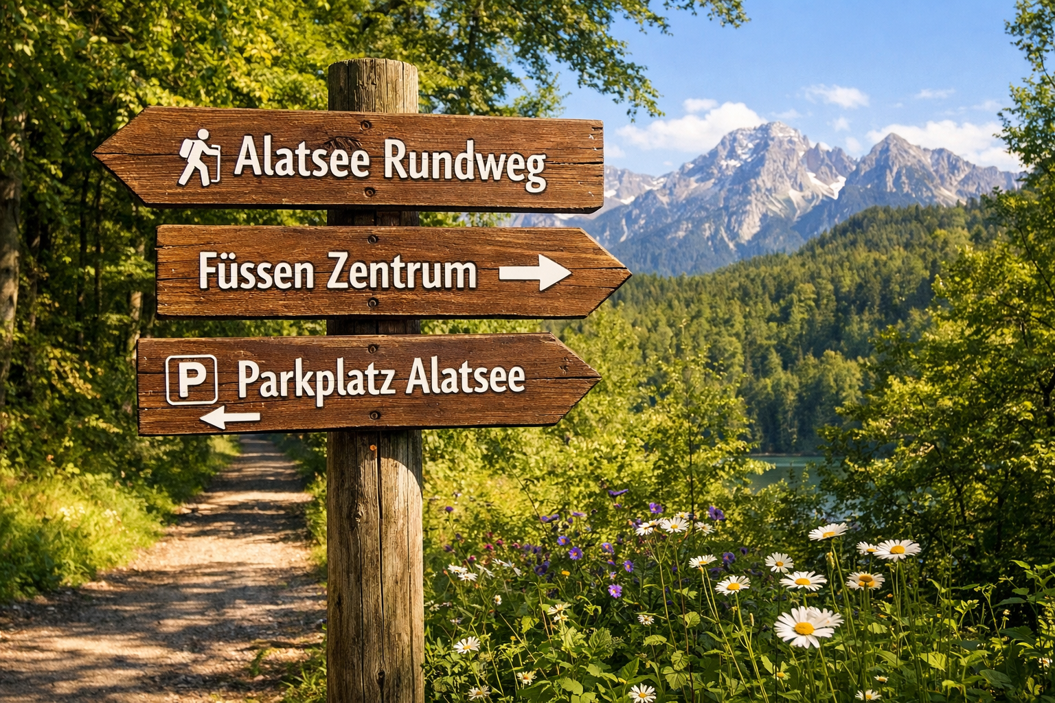 () image showing a wooden hiking trail sign at the Alatsee near Füssen im Allgäu, with multiple directional arrows pointing