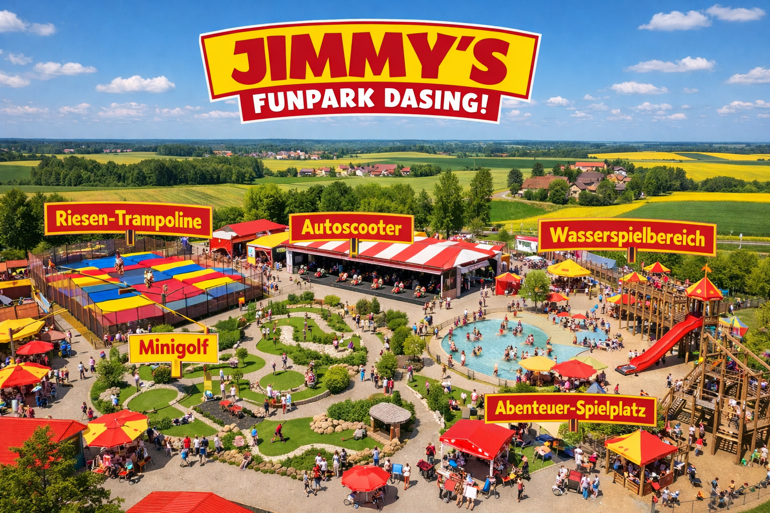 () image showing diverse family-friendly attractions at Jimmy's Funpark Dasing from aerial perspective, colorful