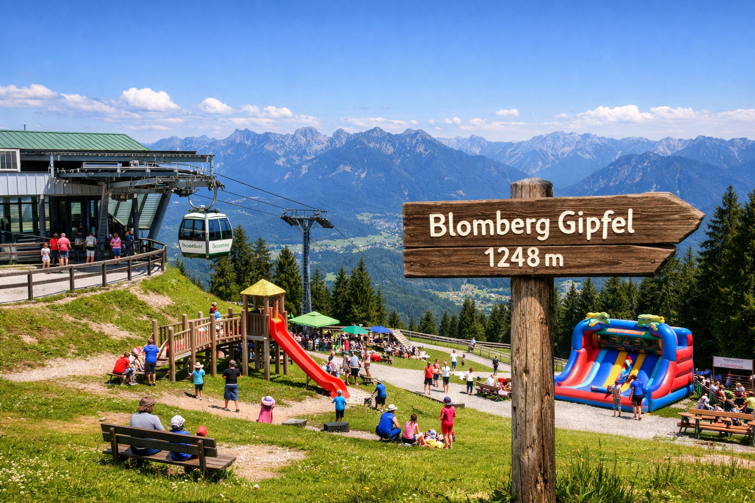 () image showing the Blombergbahn gondola station at the mountain summit with panoramic Bavarian Alps view, families with