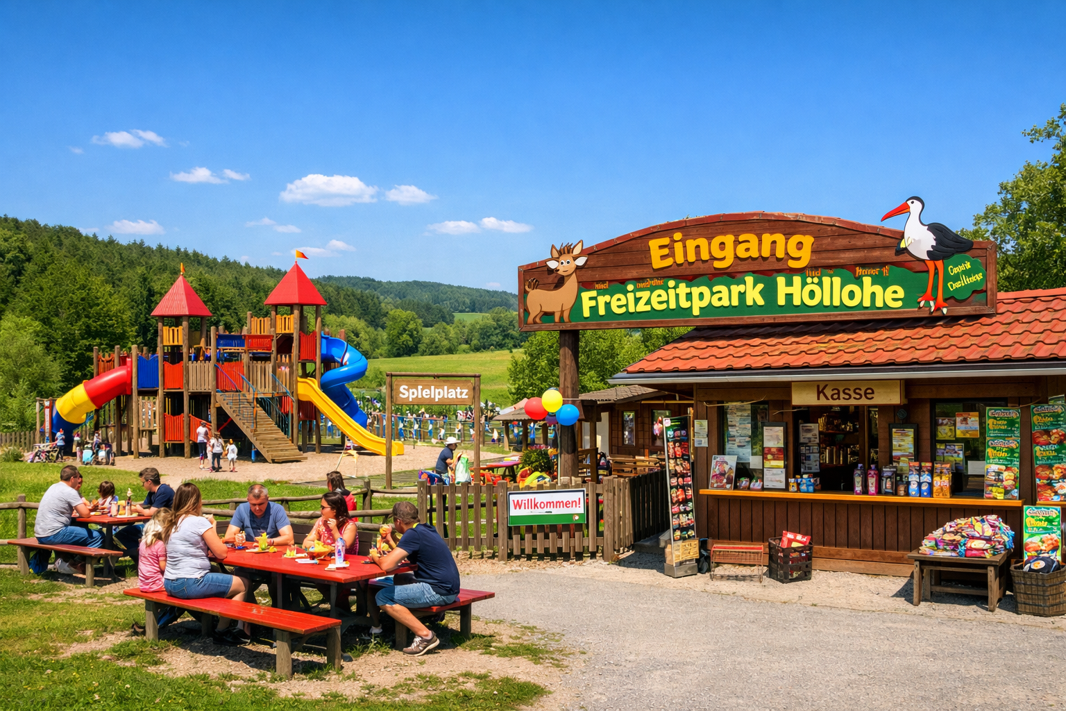 () image showing the entrance area and leisure facilities of Wild- und Freizeitpark Höllohe Teublitz – colorful wooden