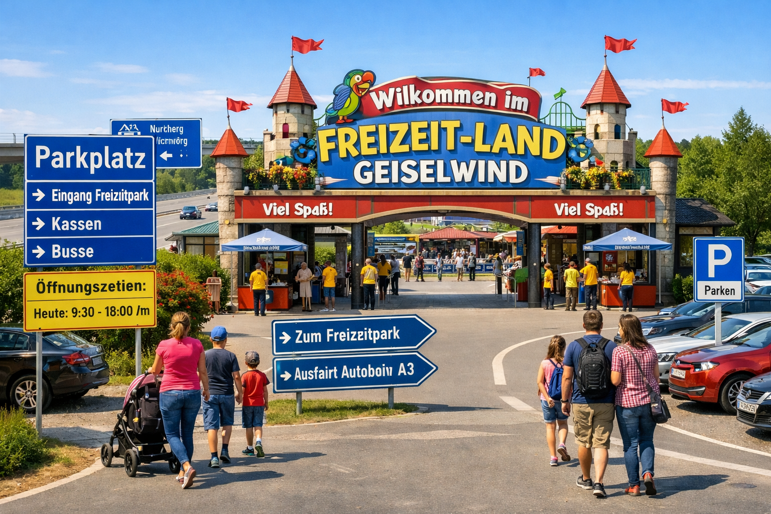 () image showing the entrance area and parking facilities of Freizeit-Land Geiselwind from a visitor perspective: a