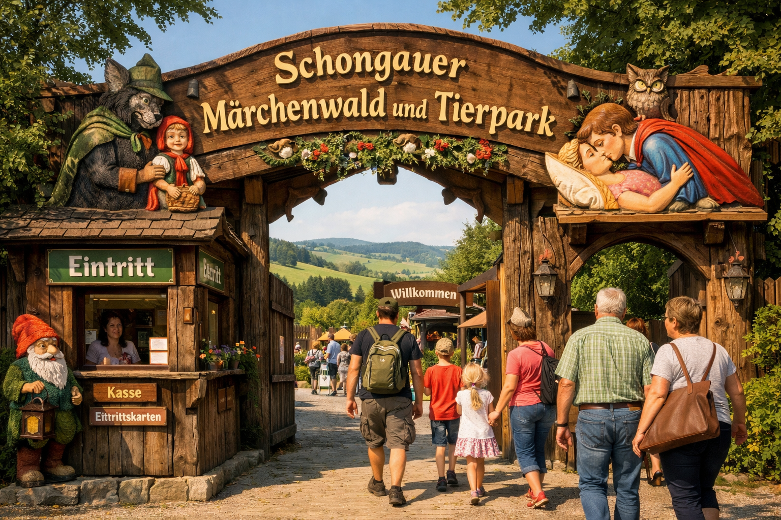 () image showing the entrance area of the Schongauer Märchenwald und Tierpark in Schongau: a charming wooden gate decorated
