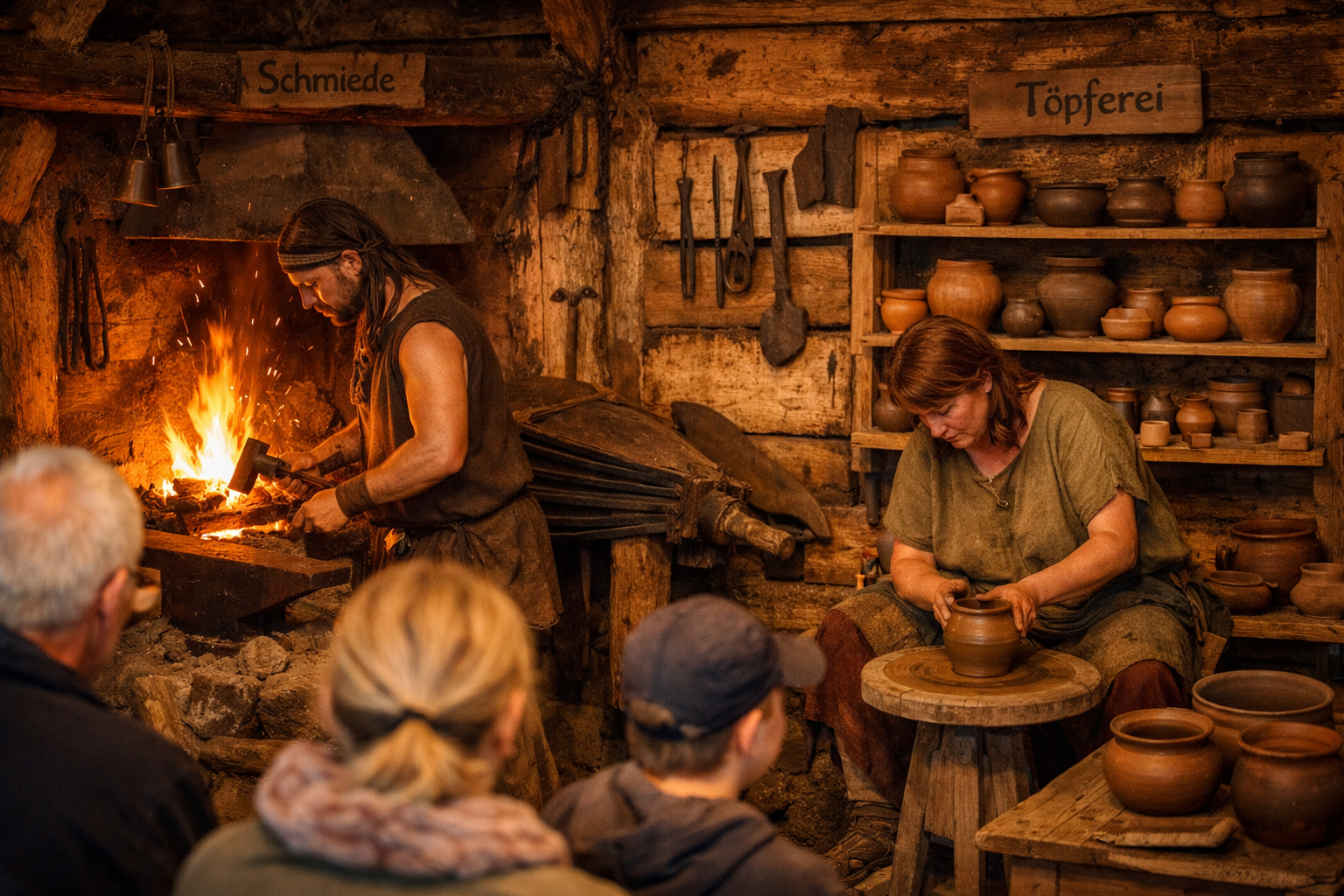 () image showing the interior of a Celtic roundhouse at Keltendorf Gabreta Ringelai, craftspeople demonstrating ancient