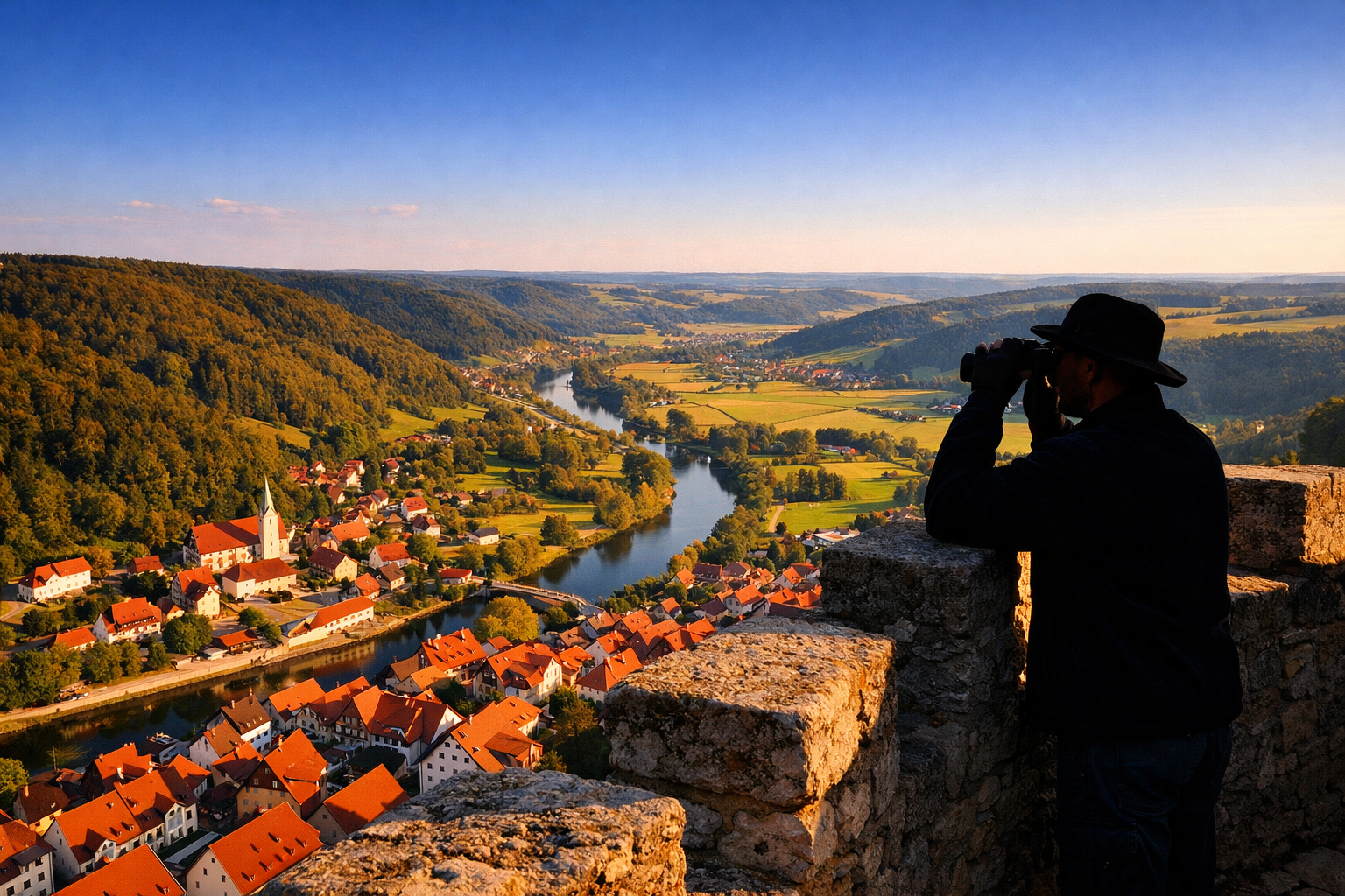 () image showing the panoramic view FROM the top of Burg Kipfenberg tower looking out over the Altmühltal valley. Rolling