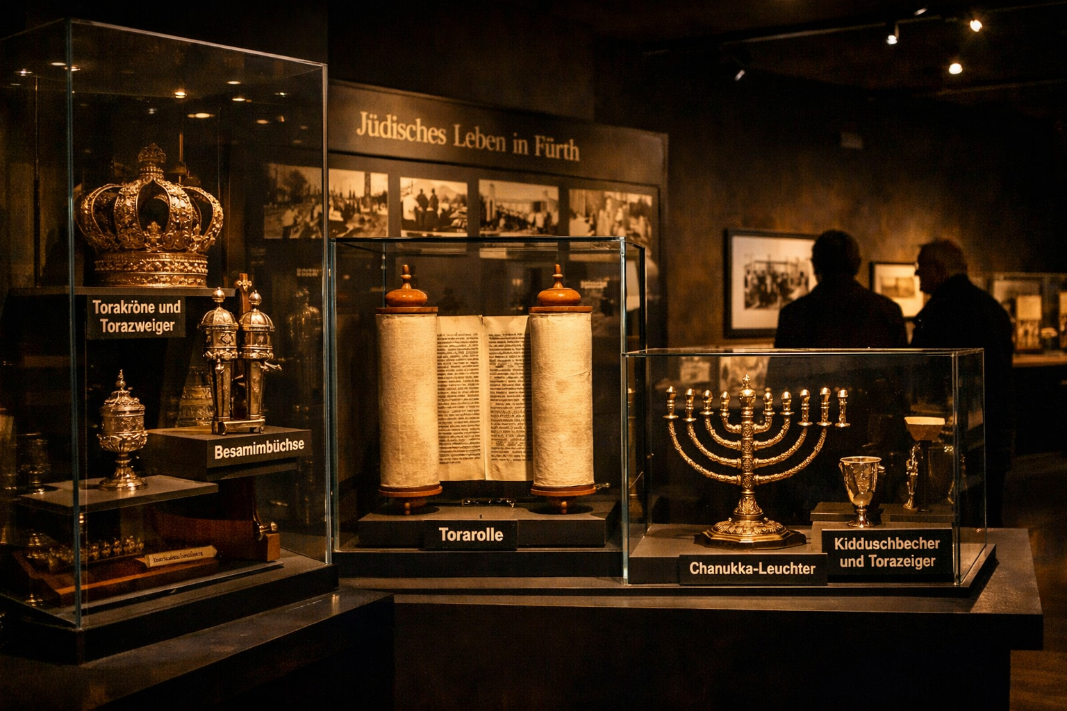 () interior museum shot showing the permanent exhibition of the Jüdisches Museum Franken Fürth – display cases with Jewish