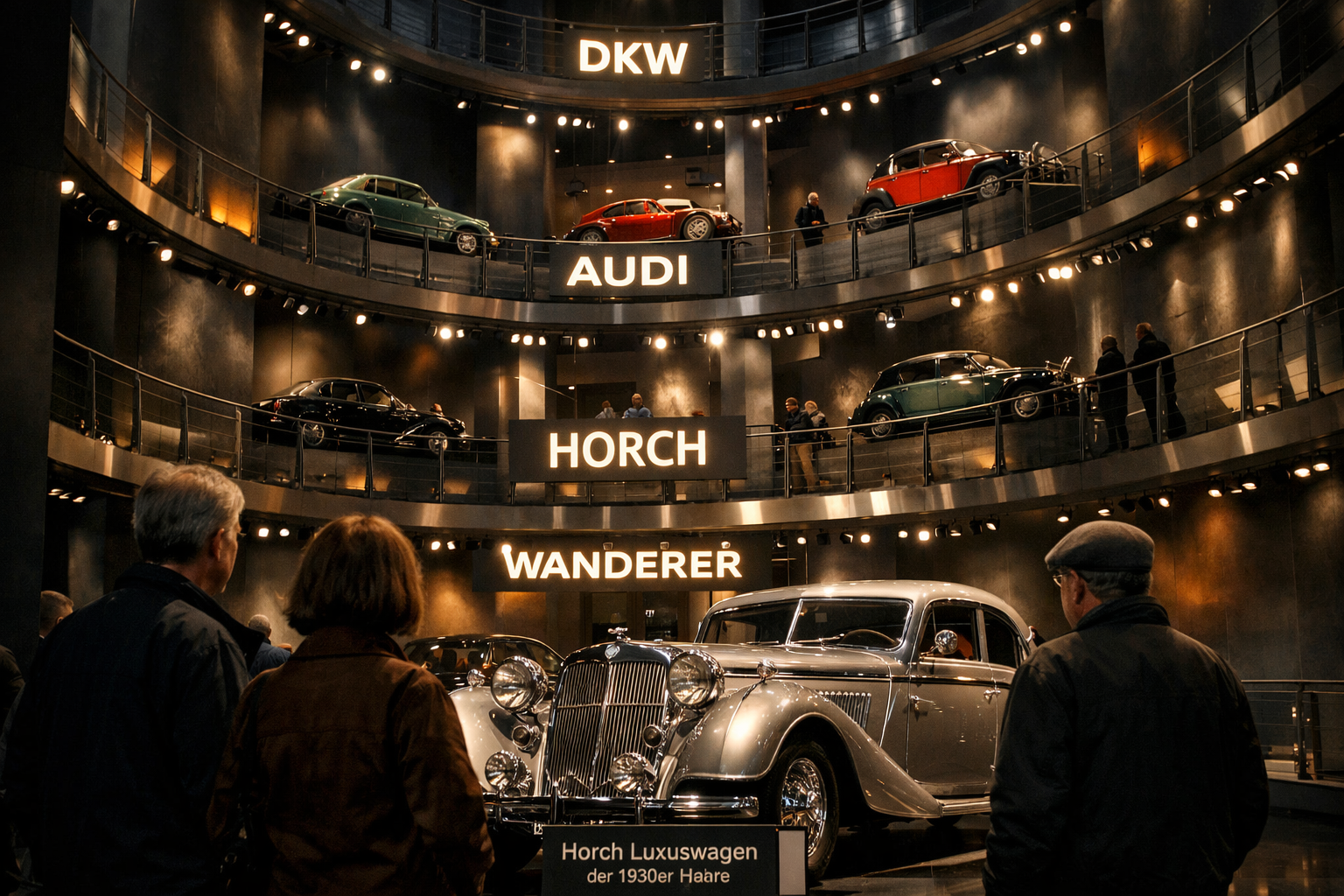 () interior shot of the Audi museum mobile Ingolstadt, showing multiple floors of the spiral exhibition ramp with historic