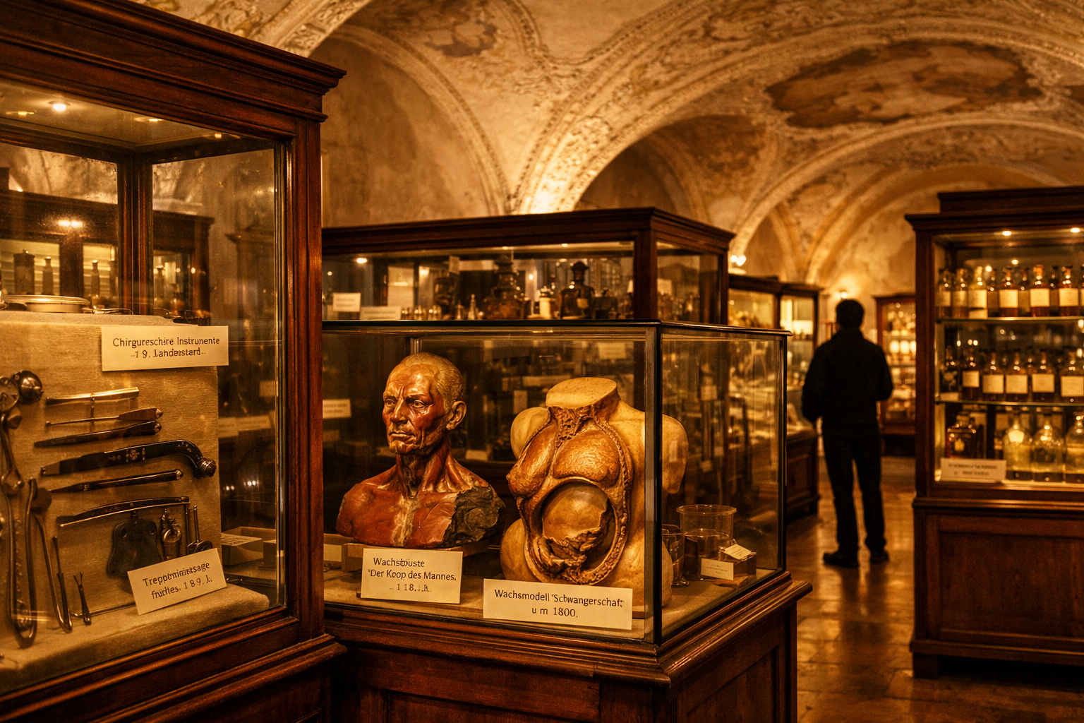 () interior shot of the Deutsches Medizinhistorisches Museum Ingolstadt – rows of antique glass display cases filled with