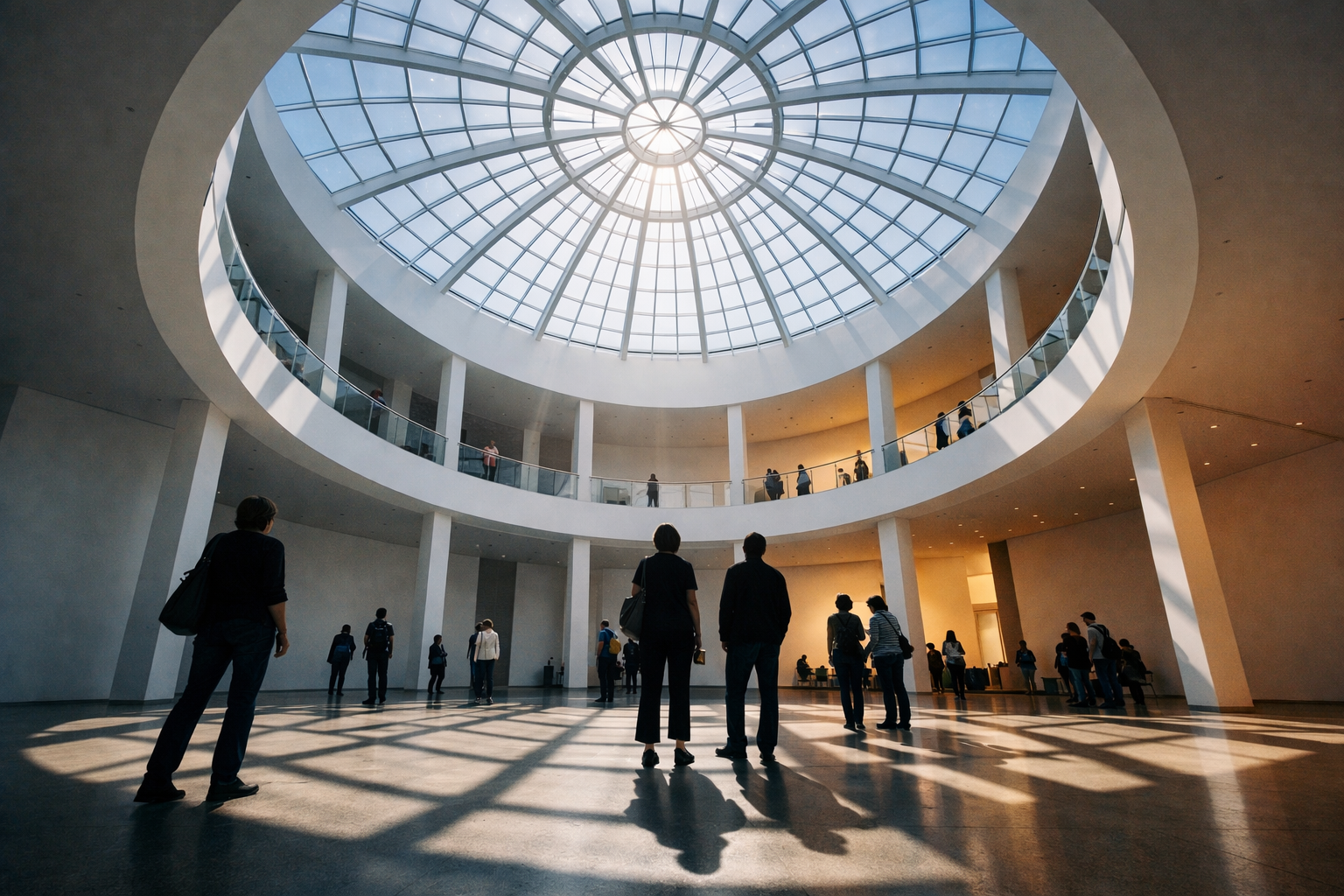 () interior shot of the Pinakothek der Moderne München – the iconic circular skylight rotunda flooding the grand white