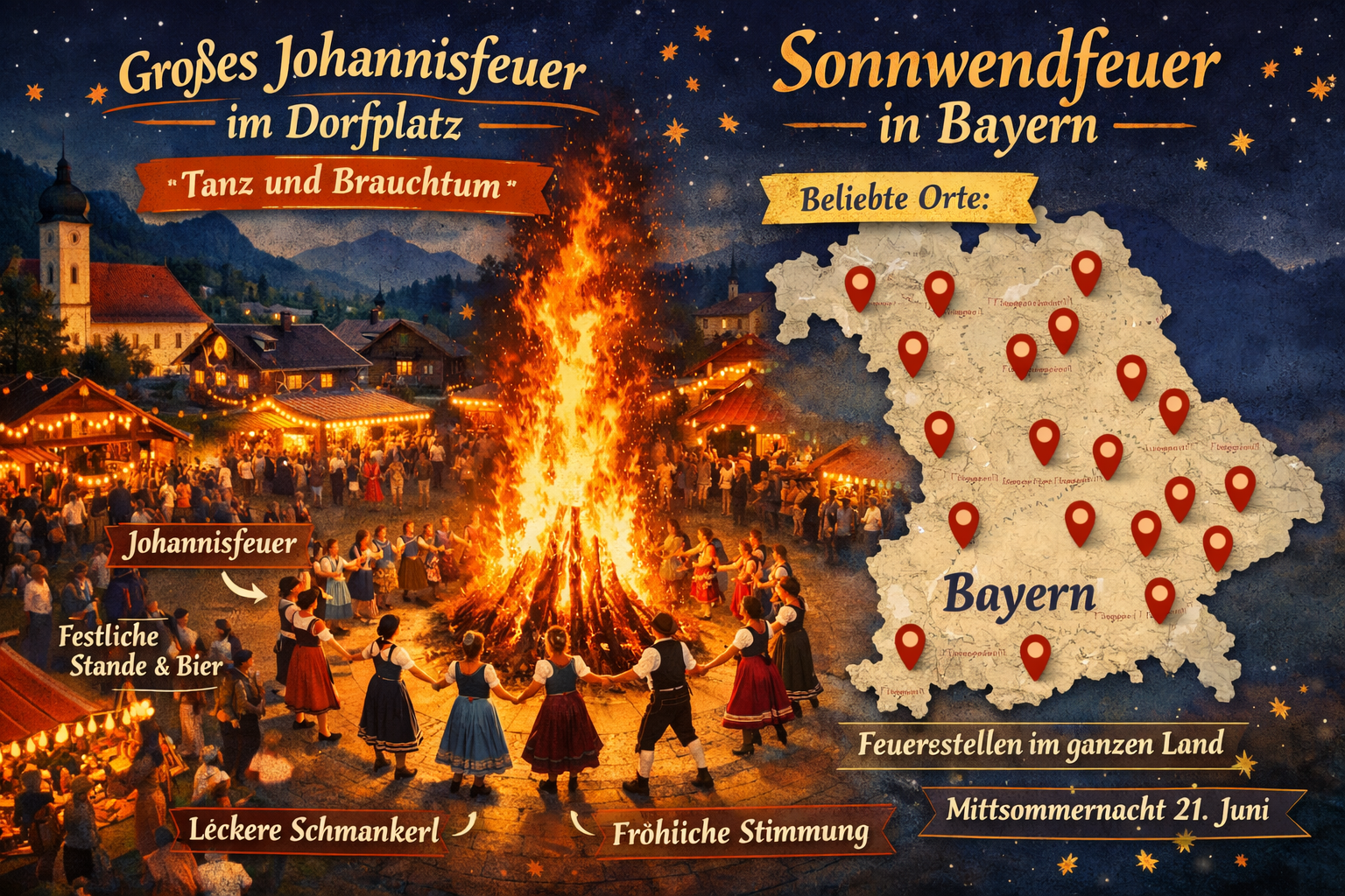 () practical event guide visual: a vibrant aerial view of a Bavarian village square at night with a large Johannisfeuer