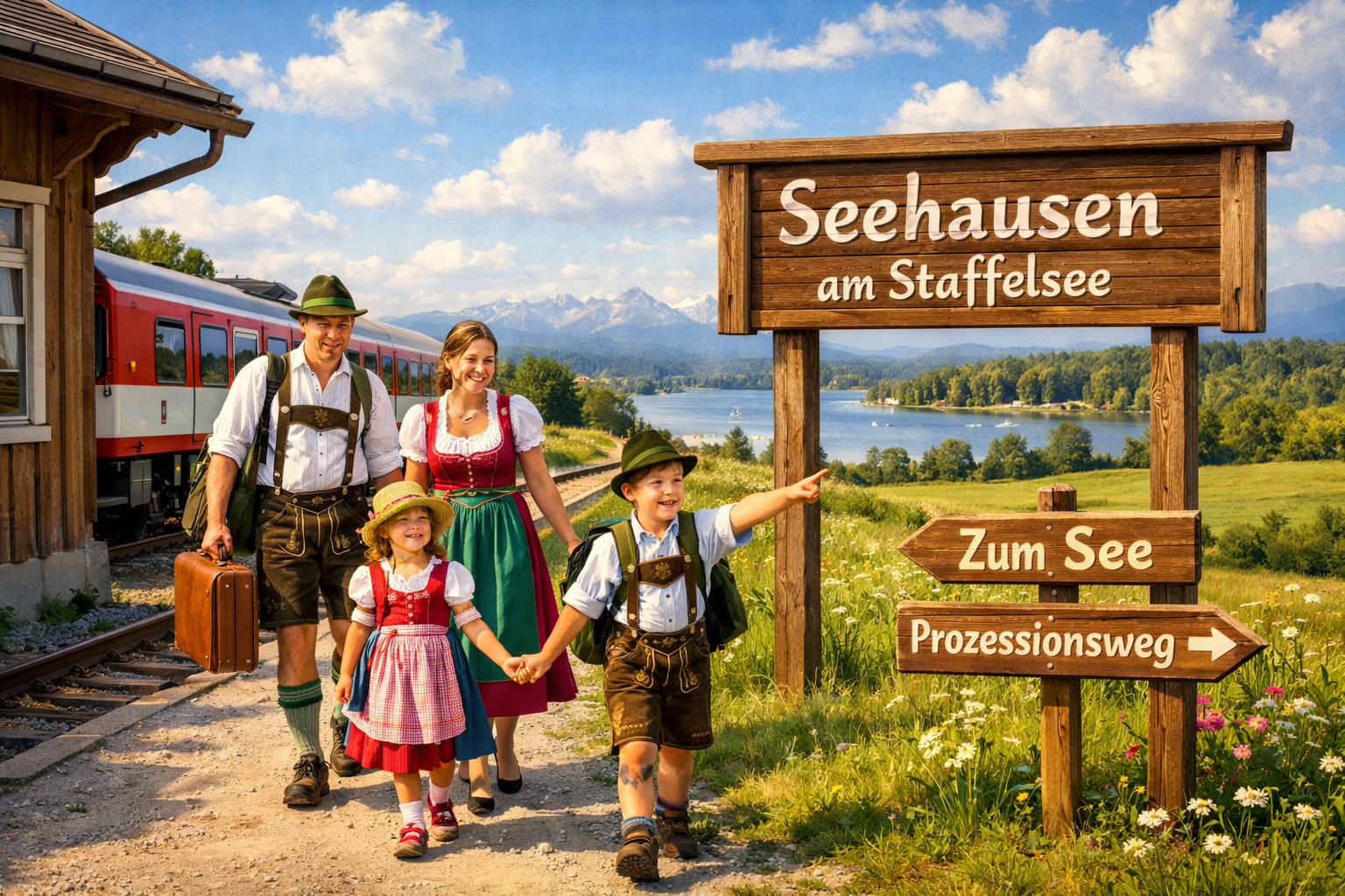 () practical travel and visitor guide scene for Seehausen am Staffelsee: a cheerful family in traditional Bavarian Tracht