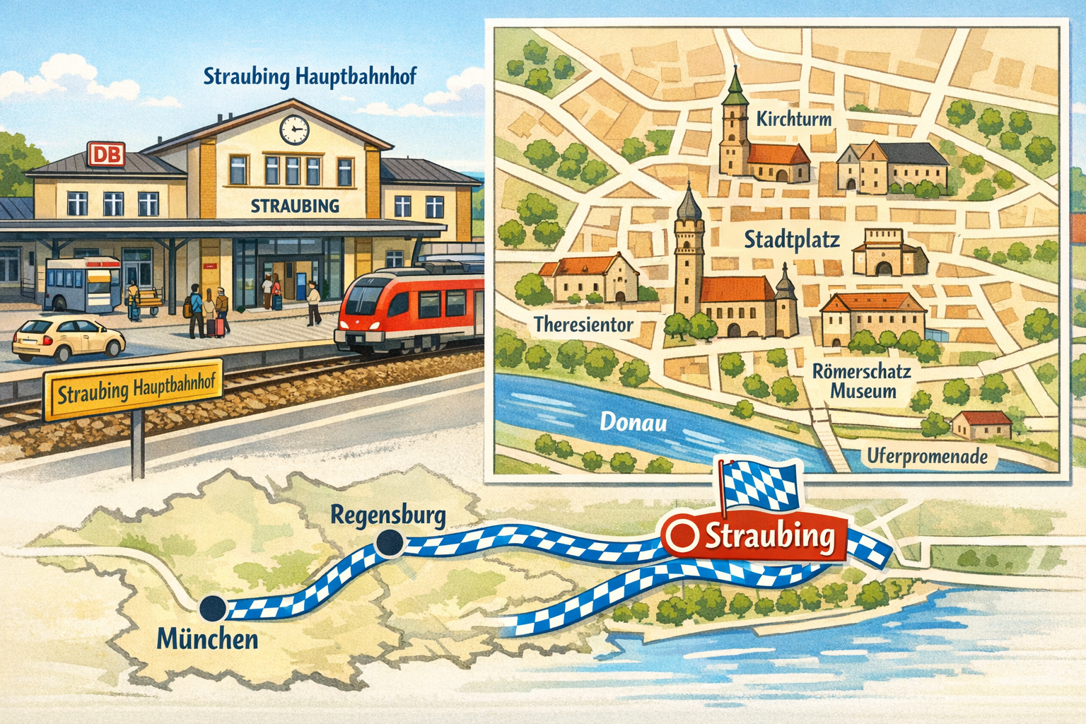() practical travel and visitor information visual showing the Straubing train station exterior and city map detail, with a