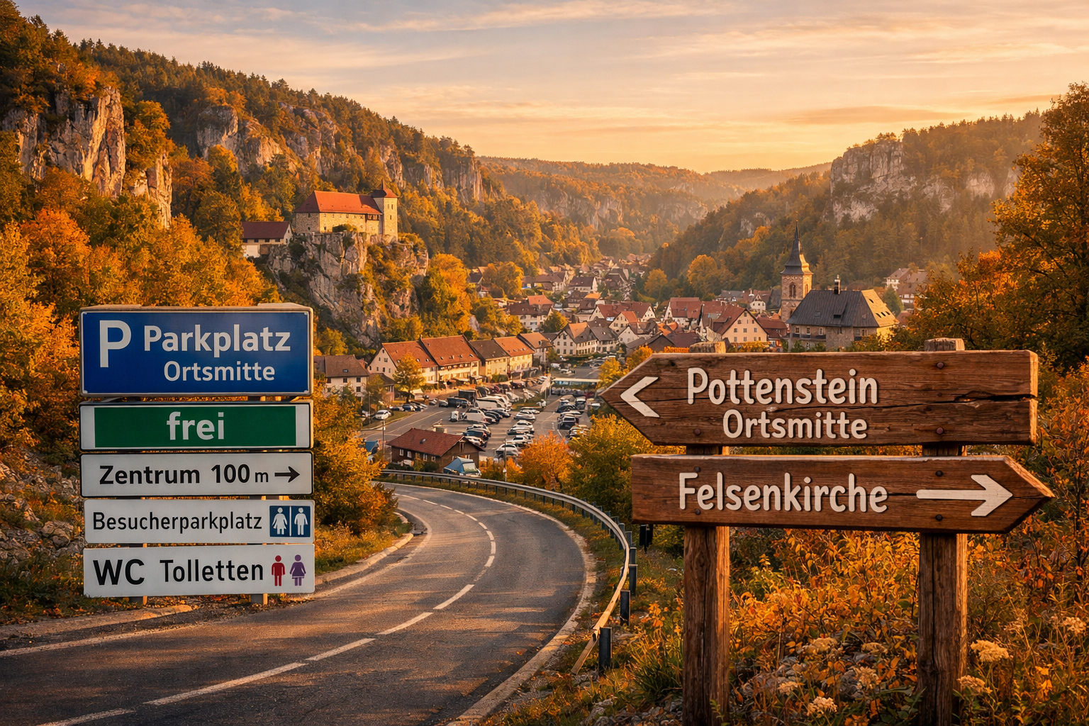 () practical travel guide image for Pottenstein in der Fränkischen Schweiz: a scenic view of the winding road approaching