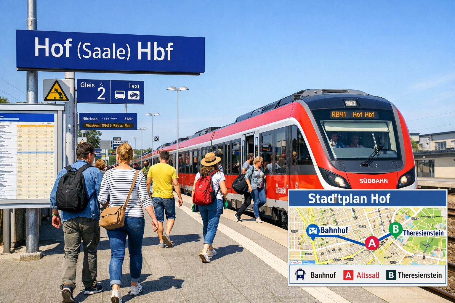 Hofer Schlappentag (Hof) 2 () practical travel-guide style editorial image showing a modern regional train arriving at Hof Hauptbahnhof station