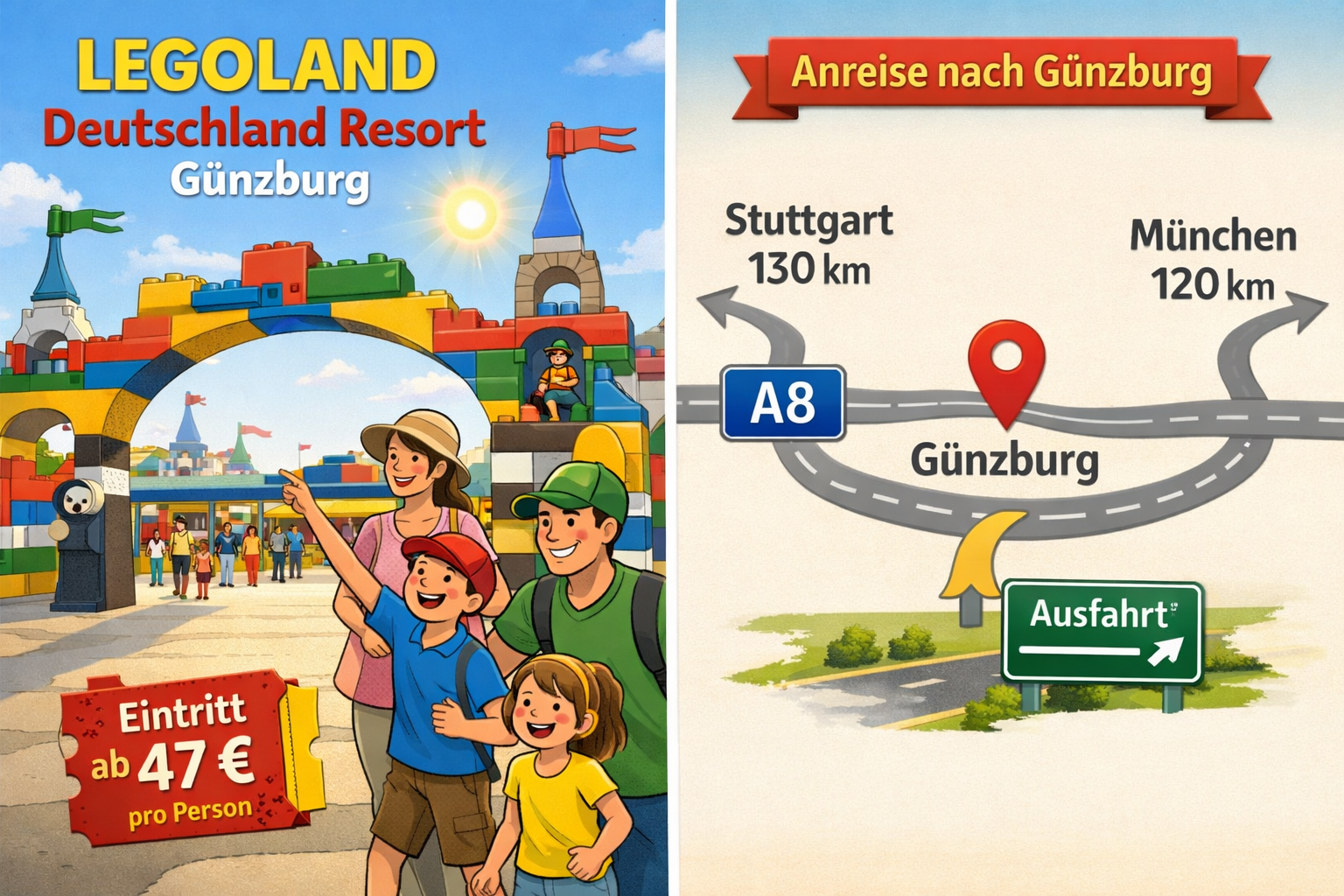 () practical travel guide visual for Legoland Deutschland Resort Günzburg: split composition showing left side a family at