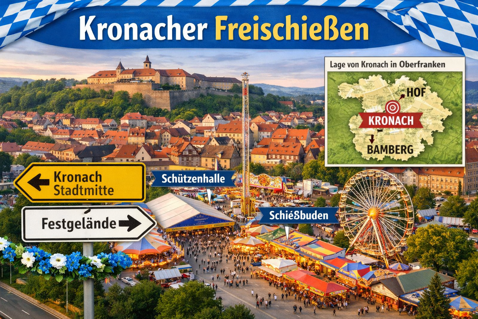 () practical travel guide visual for the Kronacher Freischießen festival: aerial perspective of Kronach city center showing