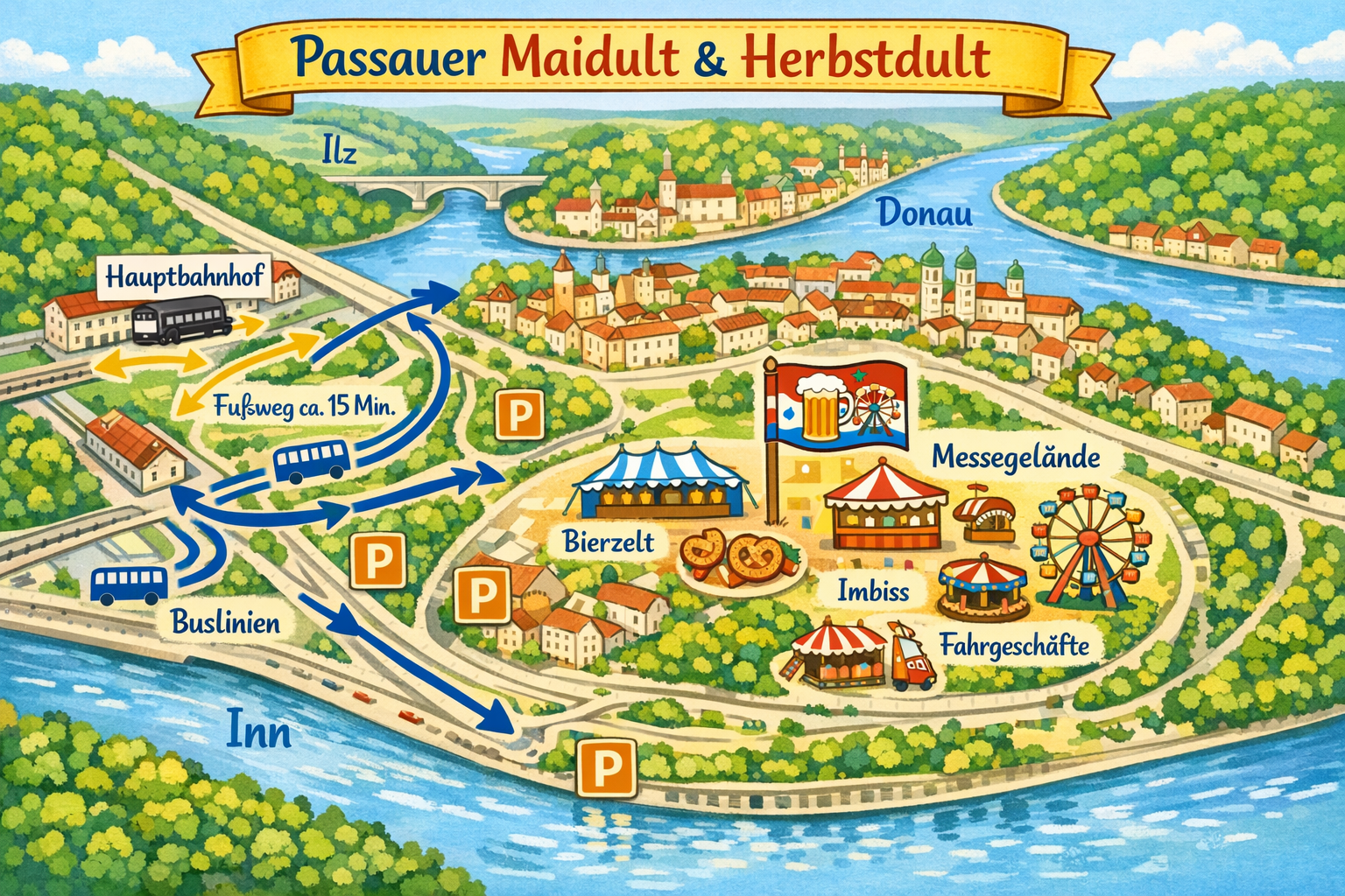 () practical travel guide visual for the Passauer Maidult und Herbstdult: overhead map-style illustration of Passau city