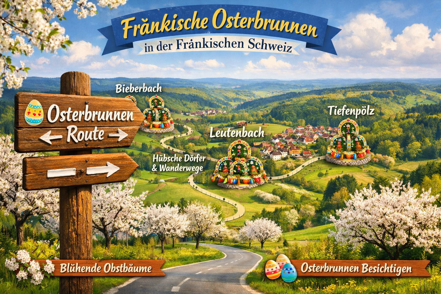 () practical travel guide visual for visiting Fränkische Osterbrunnen in Fränkische Schweiz. Aerial perspective of the