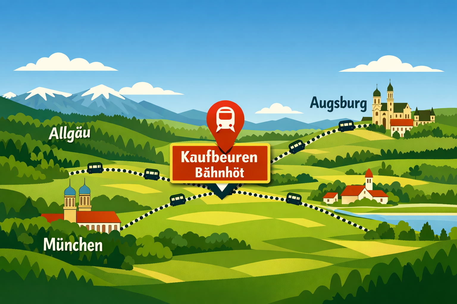 () practical travel infographic scene for reaching Kaufbeuren, Bavaria – a clean illustrated map of southern Germany showing