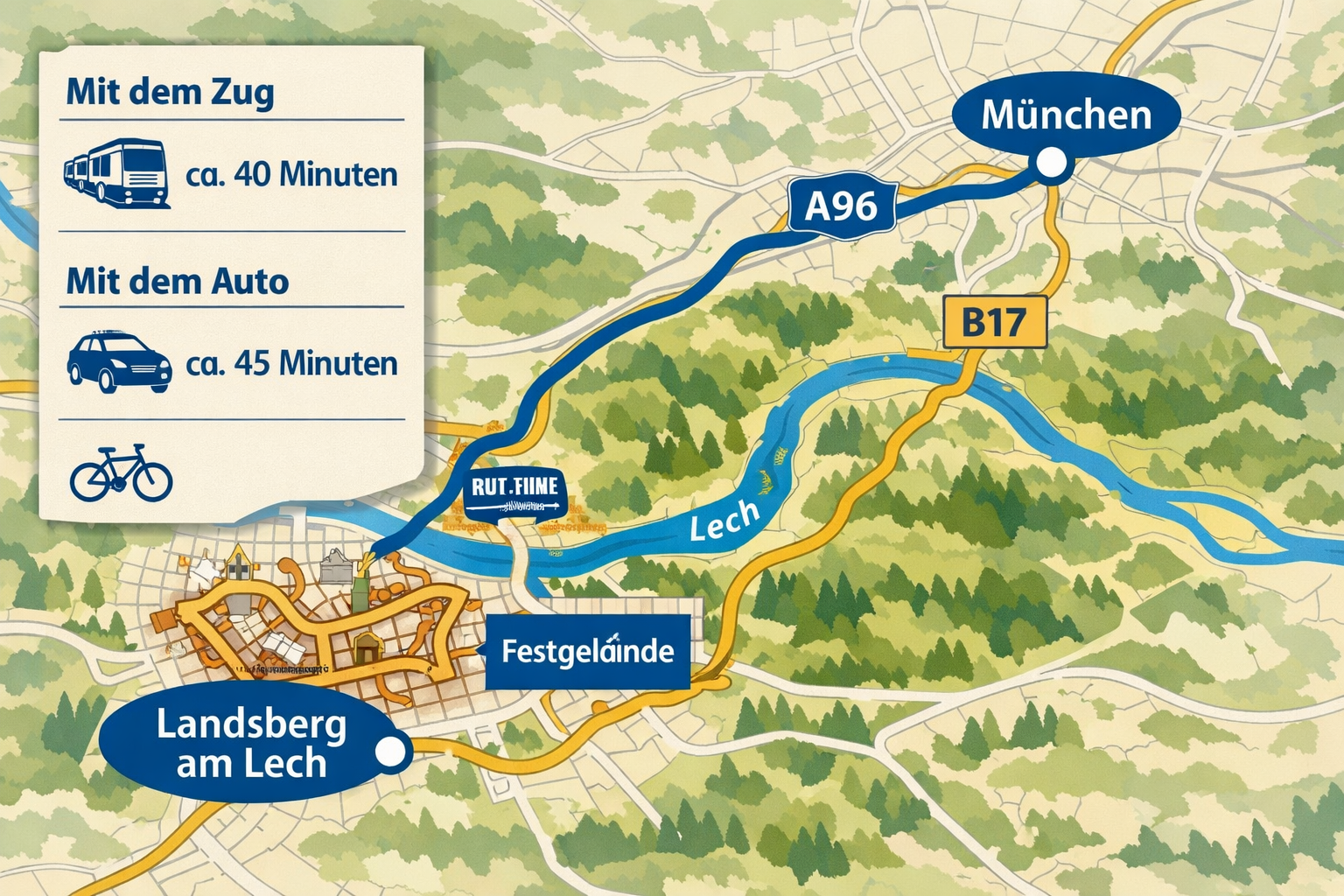 Ruethenfest (Landsberg am Lech) 2 () practical travel infographic-style image showing the route to Landsberg am Lech from Munich by train and car, a stylized