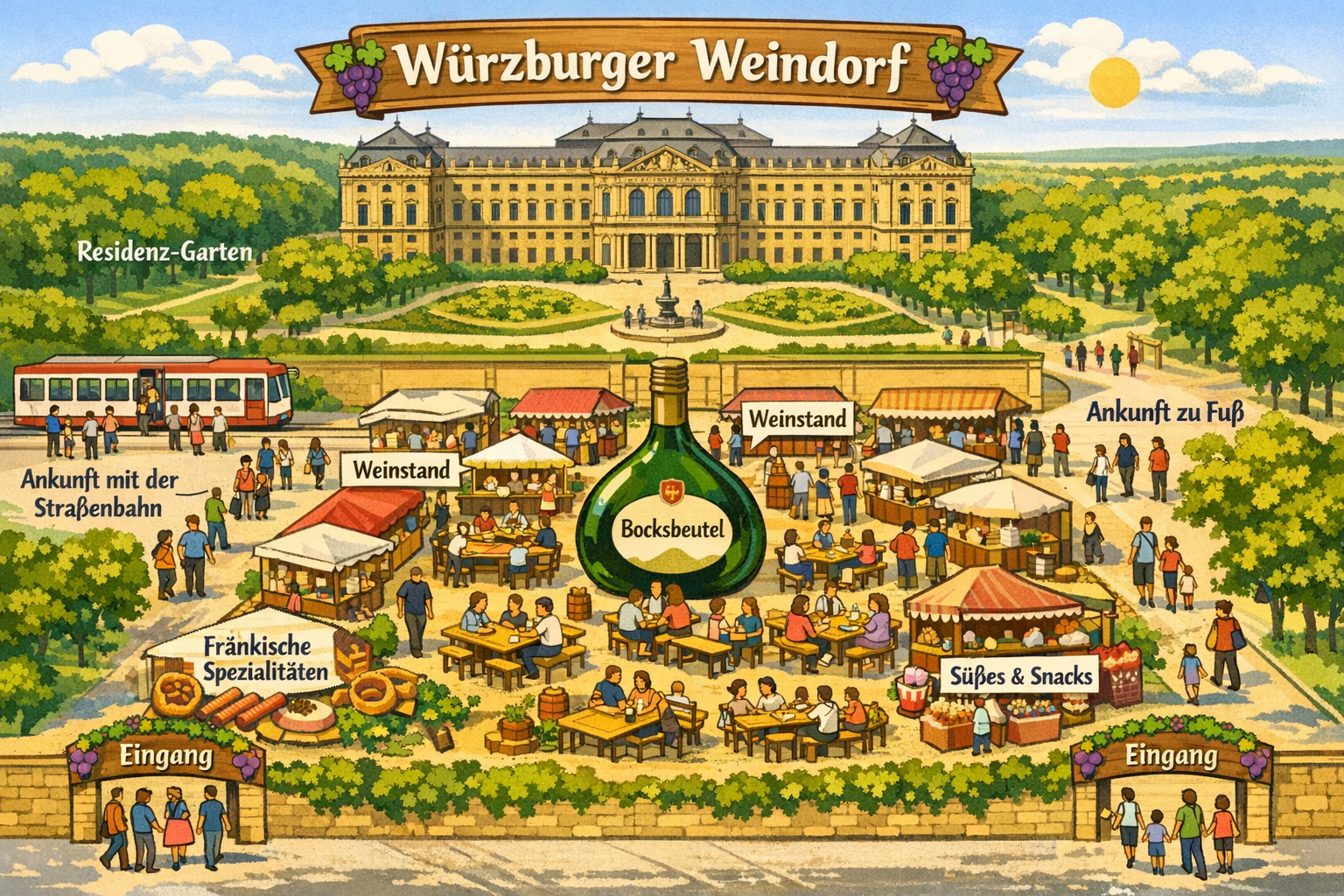 () practical visitor guide visual for the Würzburger Weindorf, showing an illustrated map-style overhead view of the