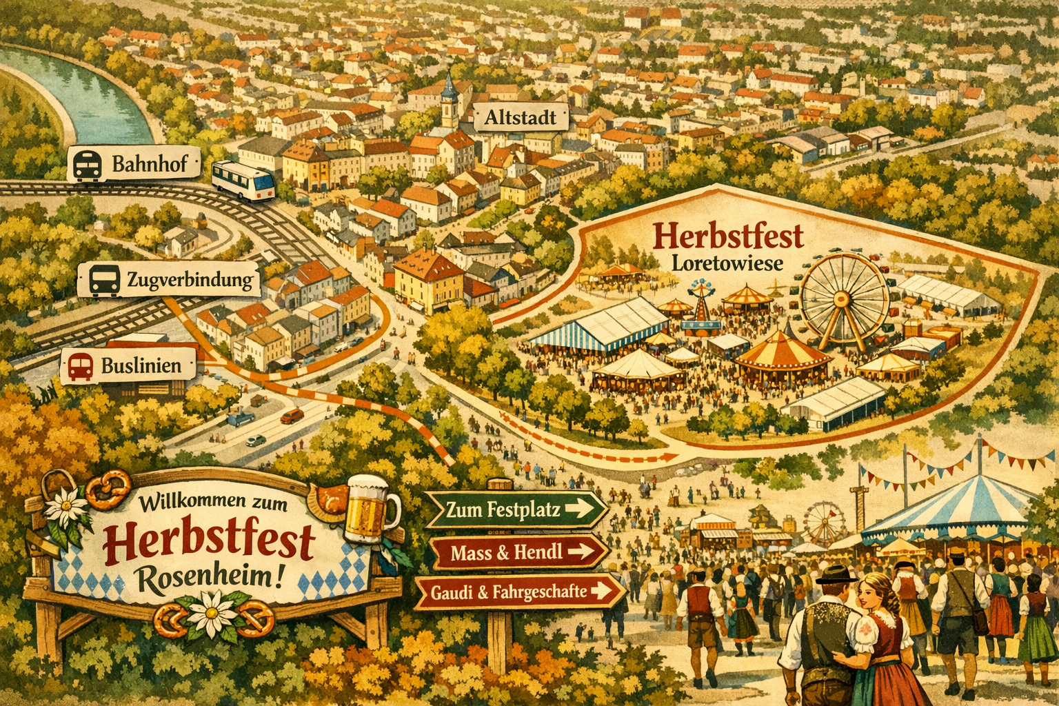 () practical visitor guide visual showing the Rosenheim city center with a stylized illustrated map highlighting the