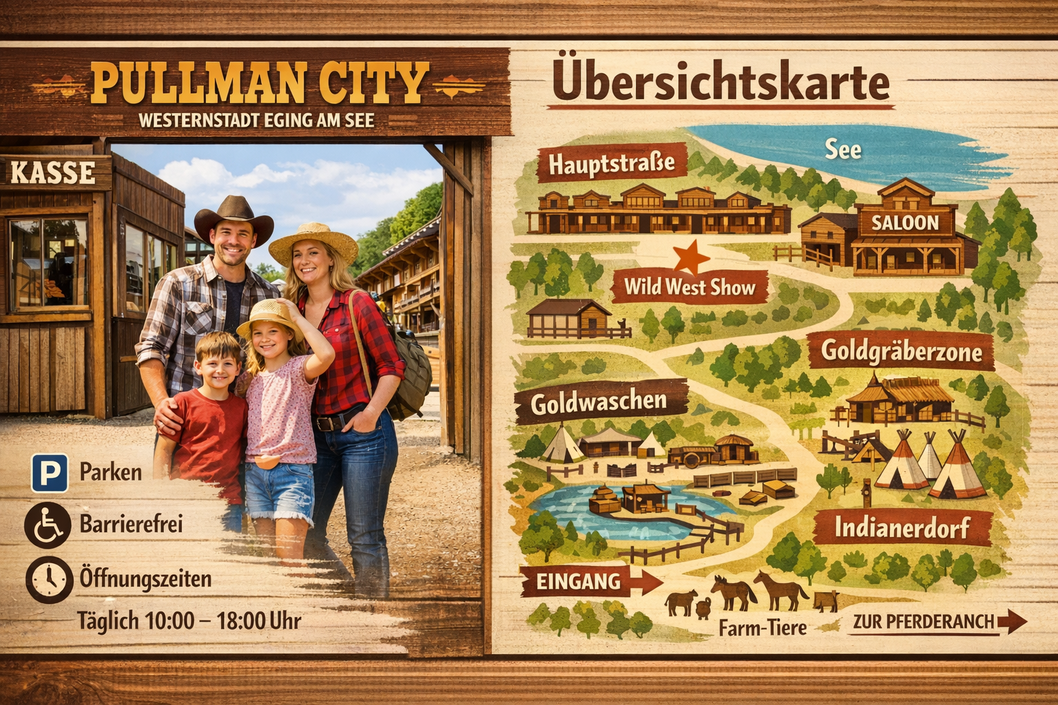 () practical visitor information graphic for Pullman City Westernstadt Eging am See. Split composition: left side shows a