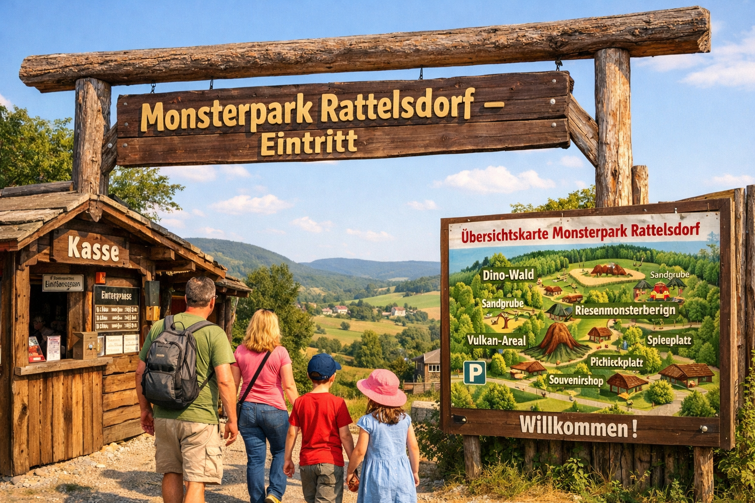 Monsterpark Rattelsdorf (Rattelsdorf) 2 () practical visitor information scene for Monsterpark Rattelsdorf: close-up of a rustic wooden park entrance gate with a