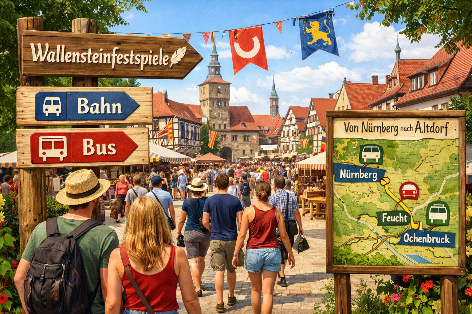 () practical visitor information scene for the Wallensteinfestspiele Altdorf bei Nürnberg, showing a cheerful crowd of