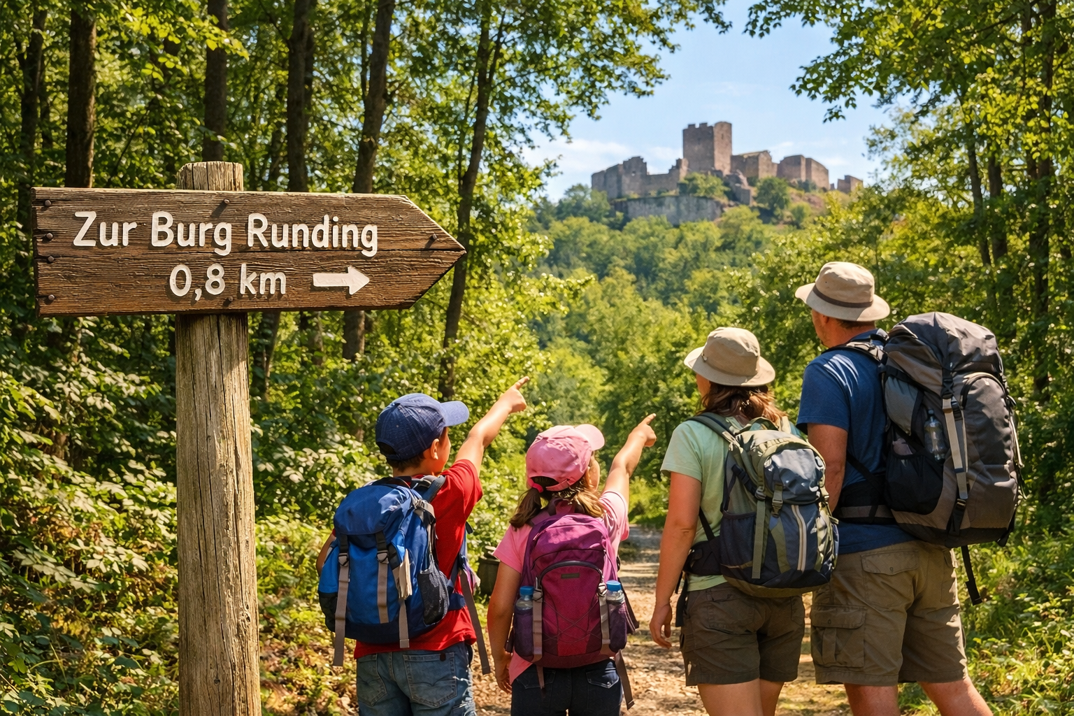 () showing a family of tourists on a scenic hiking trail leading up to Burg Runding castle in the Bavarian Forest, wooden