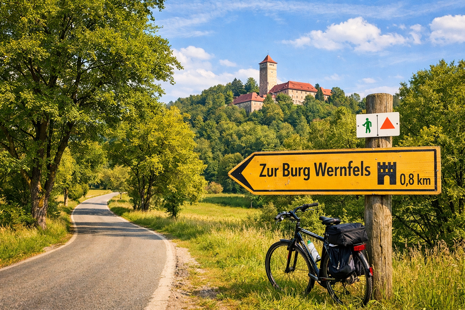 Burg Wernfels 2 () showing a scenic approach road to Burg Wernfels near Spalt in the Altmühltal region of Bavaria – winding country road