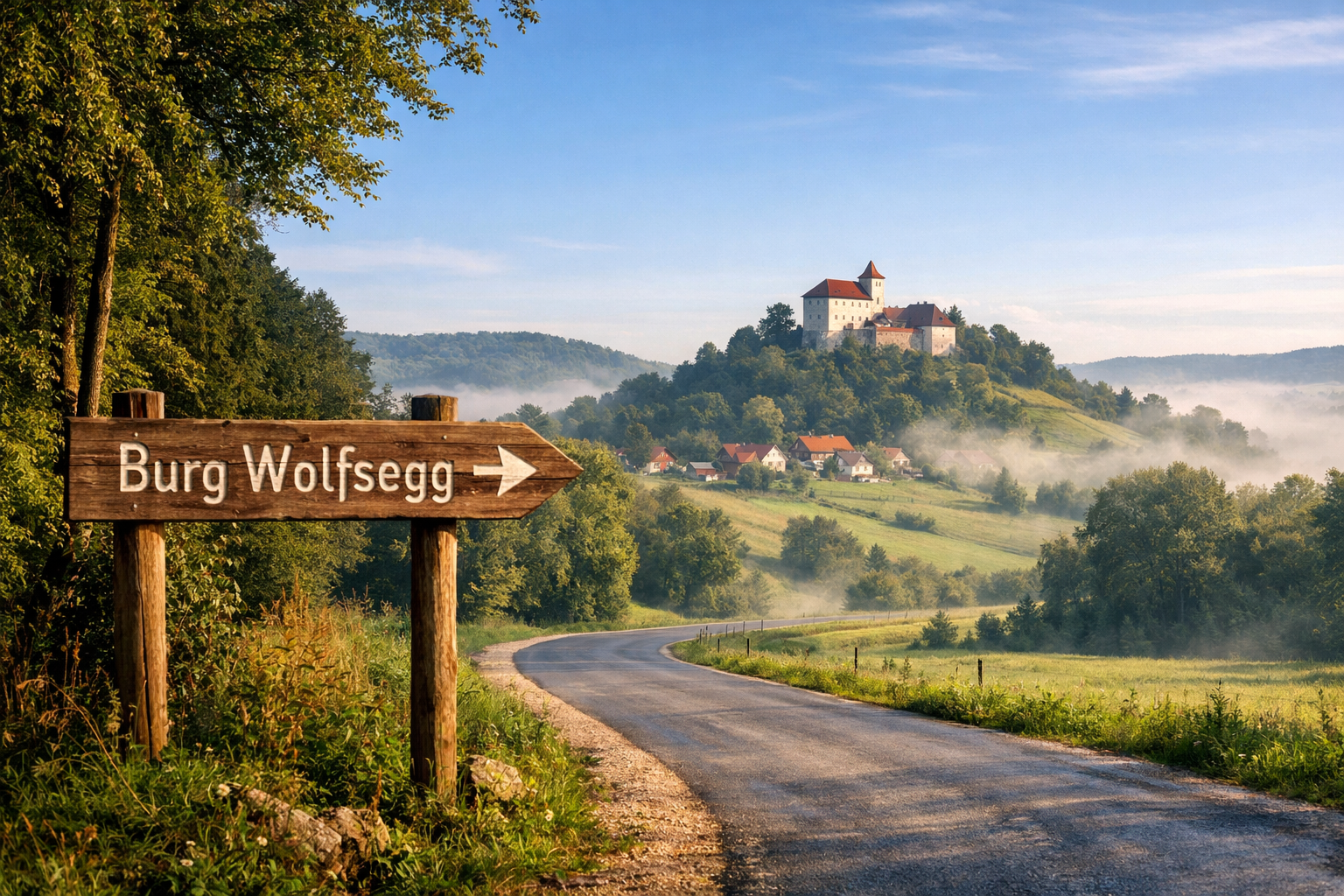 Burg Wolfsegg 2 () showing a scenic driving route through the Bavarian countryside leading toward Burg Wolfsegg on a hilltop, photographed