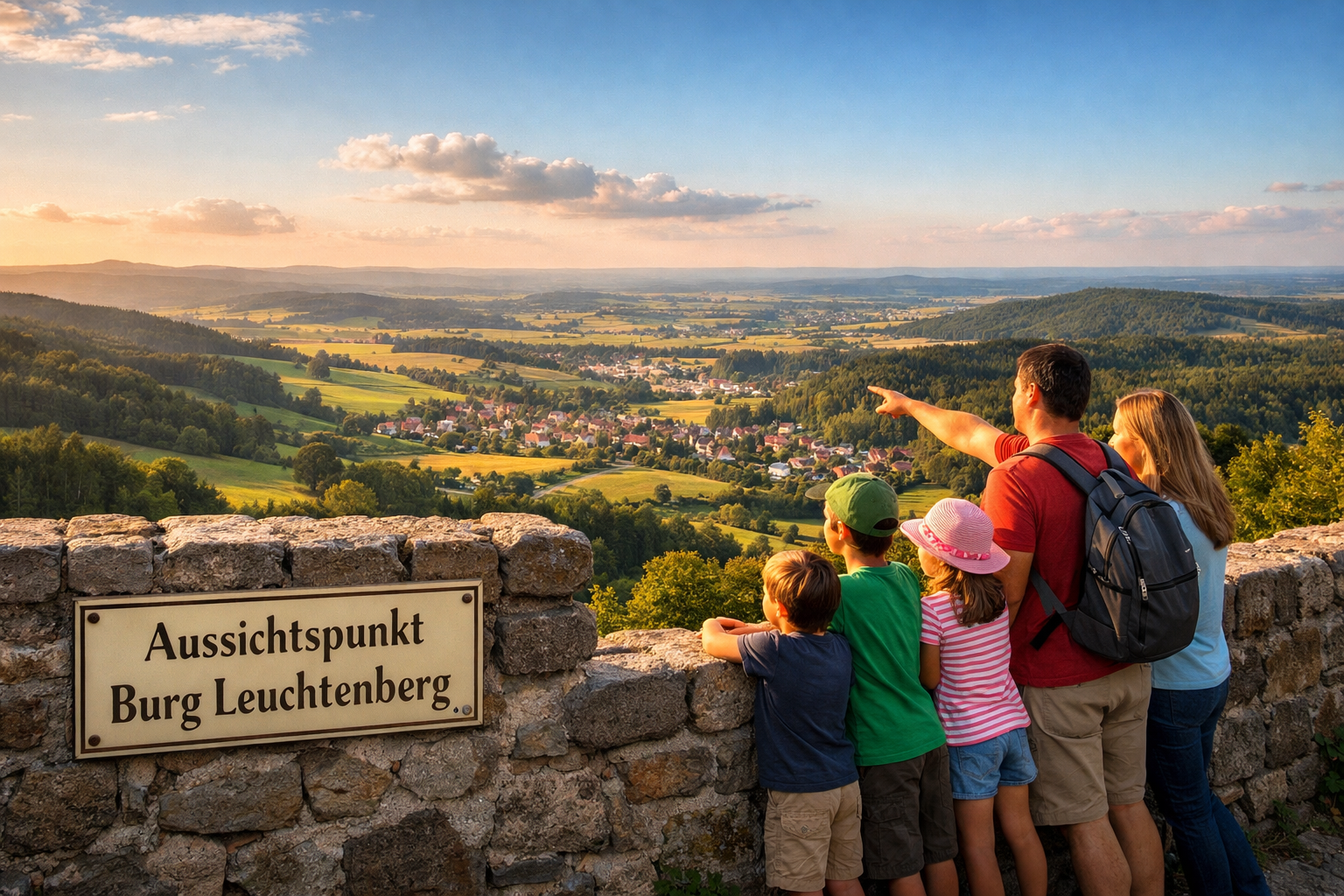 () showing a scenic panoramic view from the hilltop of Burg Leuchtenberg looking out over the rolling green Bavarian