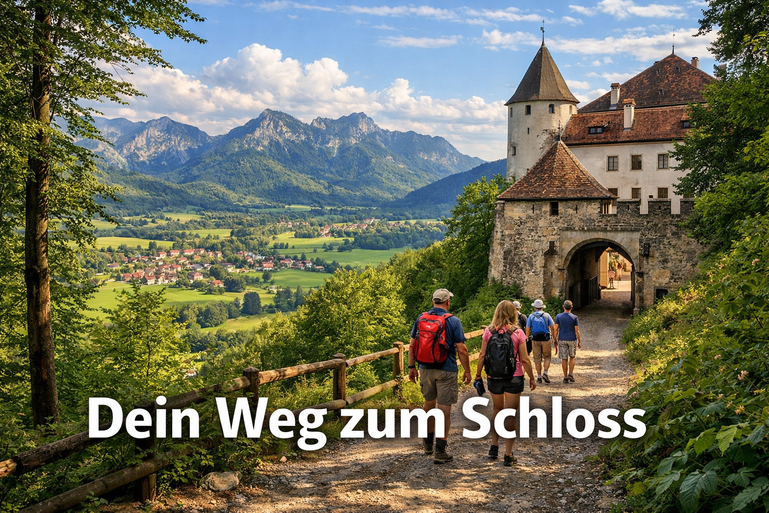 Schloss Hohenaschau 2 () showing a scenic view from the castle ramparts of Schloss Hohenaschau overlooking the Prien valley and Chiemgau Alps,