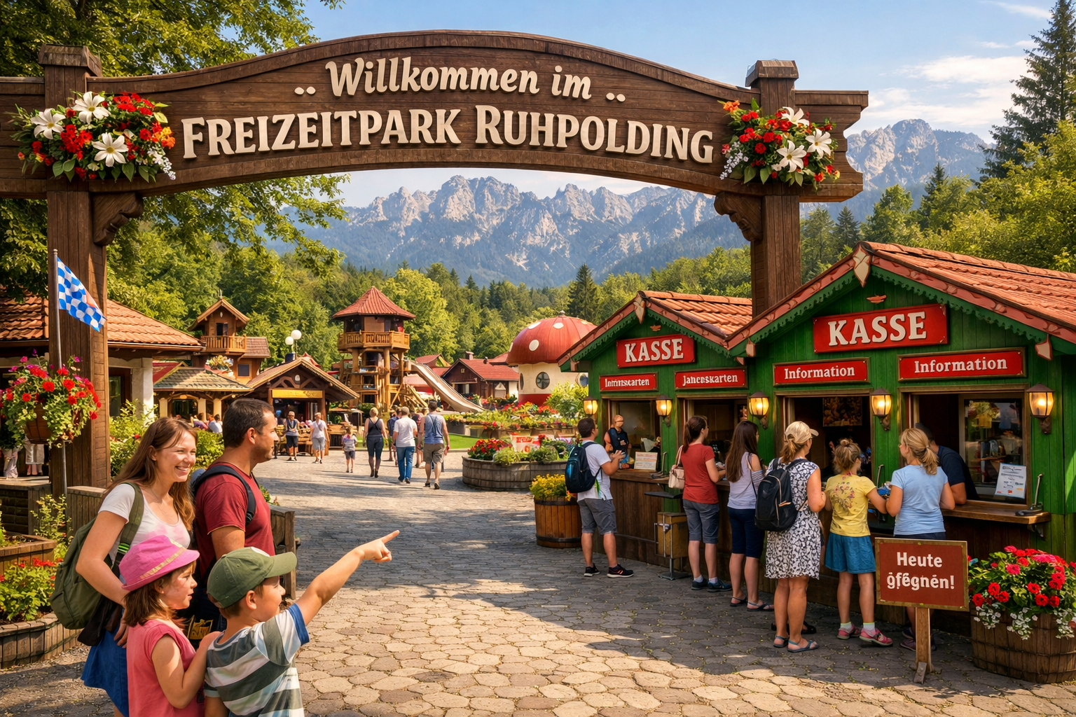 Freizeitpark Ruhpolding (Ruhpolding) 1 () showing the main entrance area of Freizeitpark Ruhpolding with cheerful families arriving, colorful ticket booths,
