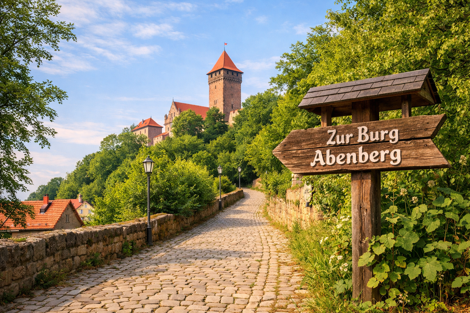 () showing the scenic route to Burg Abenberg from the town of Abenberg in Middle Franconia, Germany, a cobblestone pathway