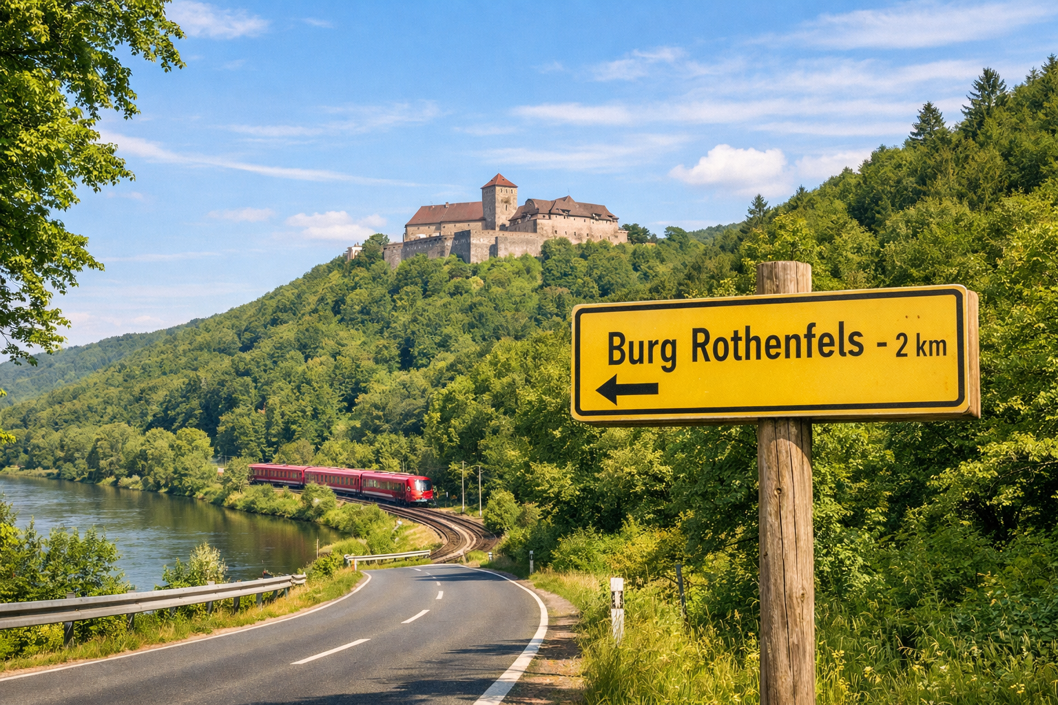 Burg Rothenfels 2 () travel guide style image showing a winding scenic road through Spessart forest leading toward Burg Rothenfels on the