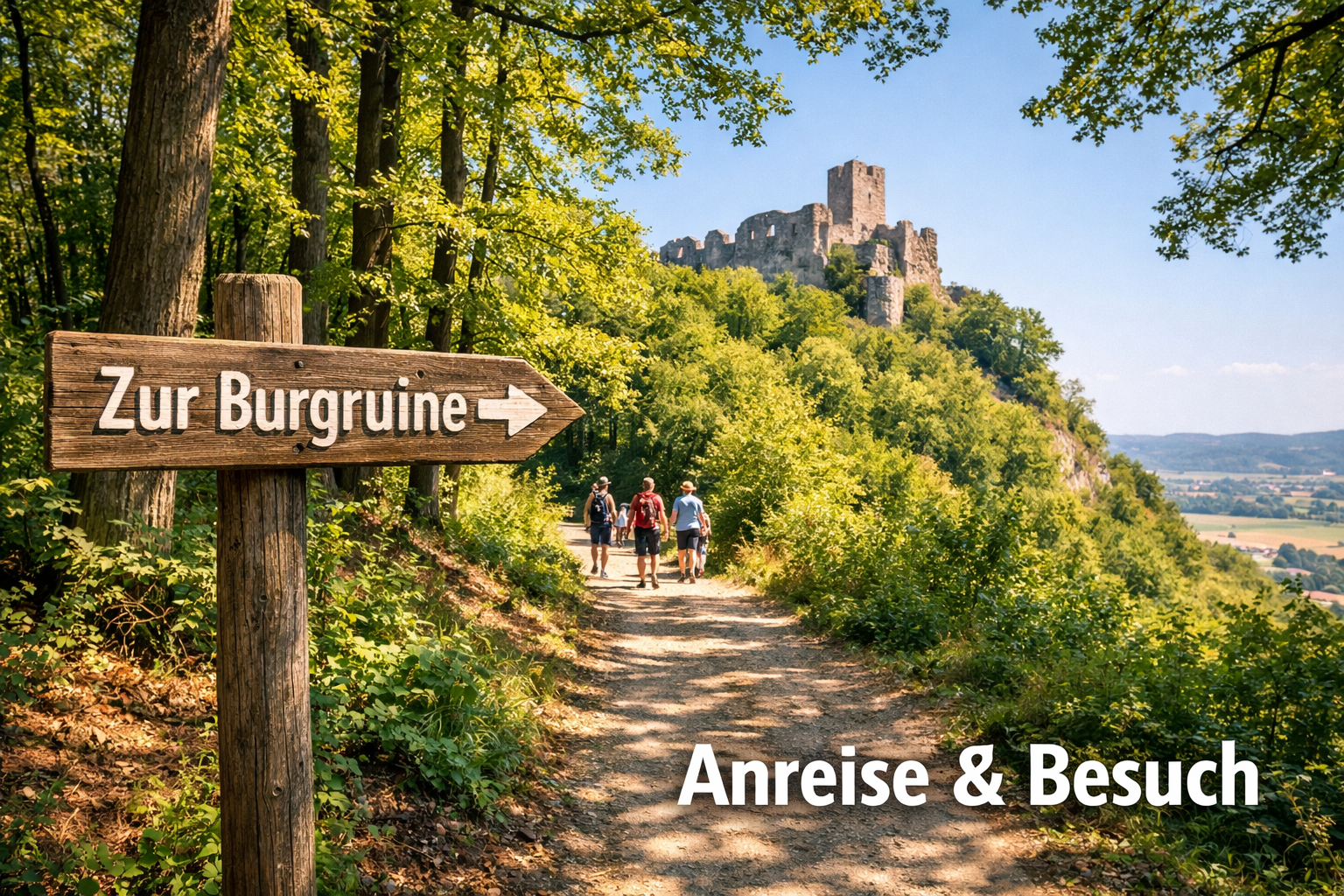 () travel photography showing a winding forest hiking trail leading toward the Burgruine Donaustauf, wooden signpost in