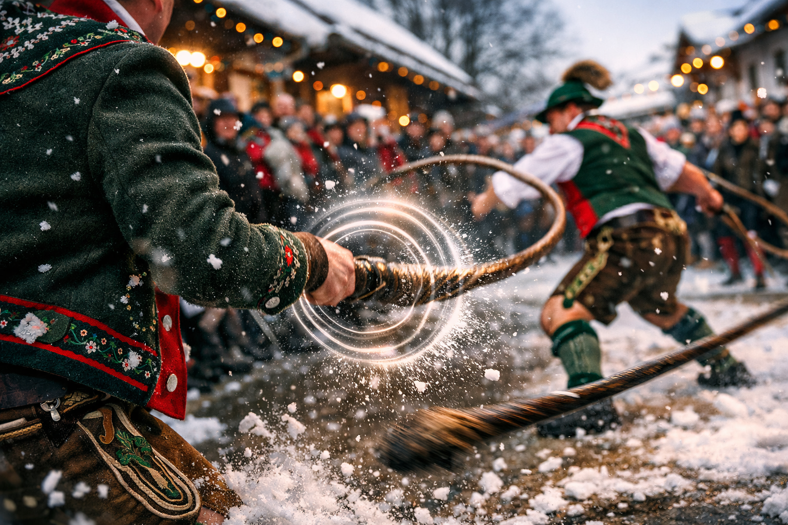 Aperschnalzen (Rupertiwinkel) 2 () vibrant action photograph style illustration of a Aperschnalzen competition in the Rupertiwinkel, close-up perspective
