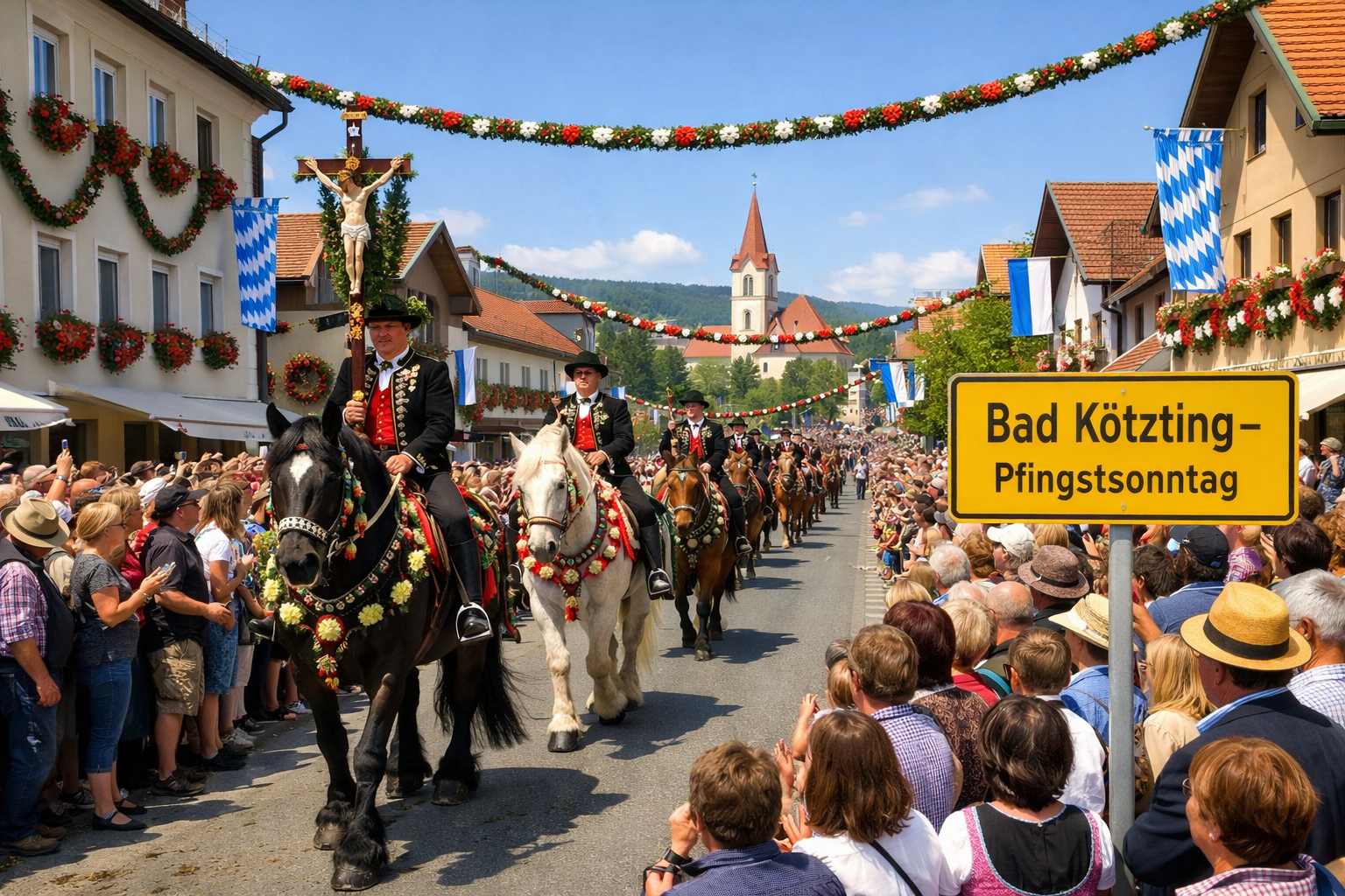 Bad Kötztinger Pfingstritt (Bad Kötzting) 2 () vibrant photograph-style image of a large crowd of spectators lining a village street in Bad Kötzting watching a colorful
